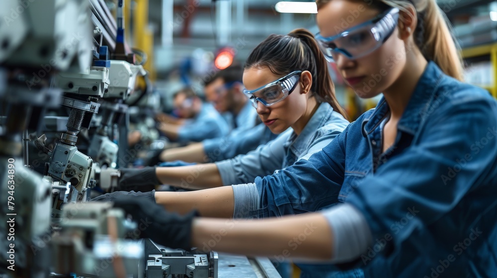 Assembly line workers in focused concentration Assembly line workers in focused concentration