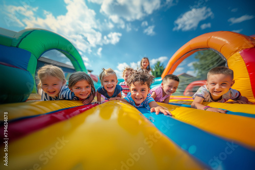 Happy children on the inflatable bounce house on a sunny summer day © Isaac Plano