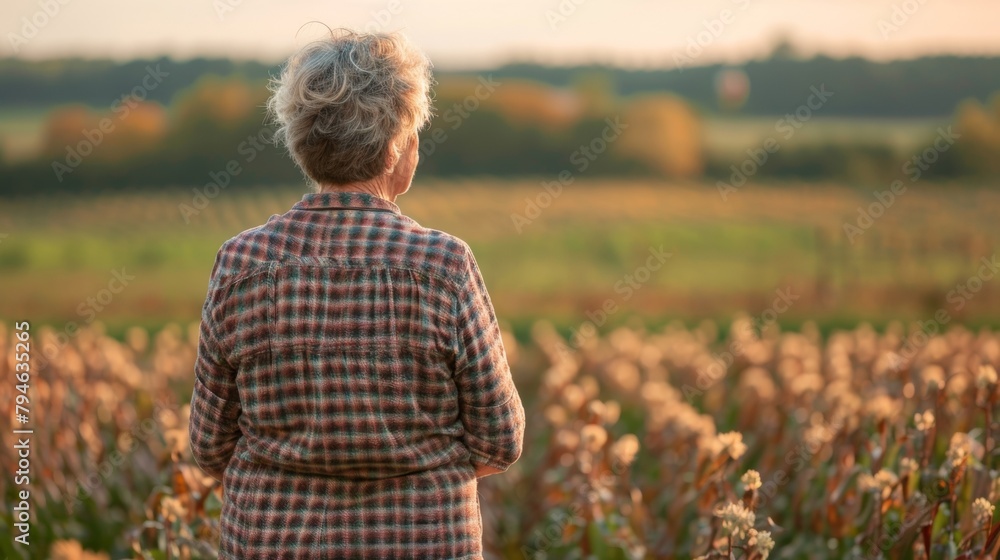 A middleaged woman stands with back to the camera hands clasped behind as surveys the crop fields with a sense of pride . .