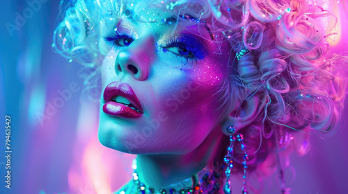 an elegant drag queen in colorful makeup and wigs, posing on stage with dramatic lighting and colorful backdrops © Kien