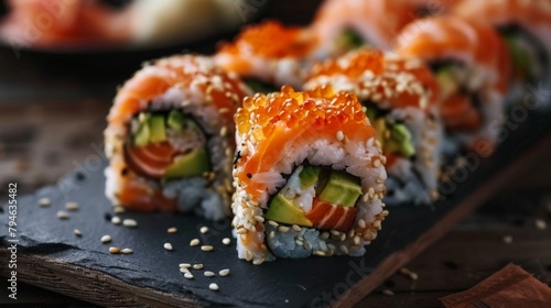 Sushi roll with fresh salmon, creamy avocado, and crunchy sesame seeds