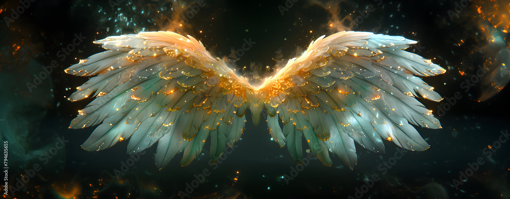 Fototapeta premium Angel mythology, mystery: colorful arty spreaded angel wings on black background. A magic inspiration, beautiful mystic wall art, poster, tattoo template etc.