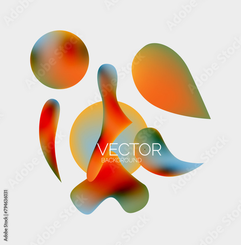 A vibrant collection of colorful abstract shapes on a white background, featuring elements like orange circles, winglike graphics, and toyinspired logos photo