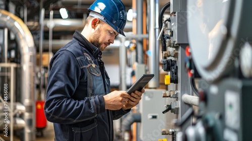 Boiler technician maintaining heating systems in factory