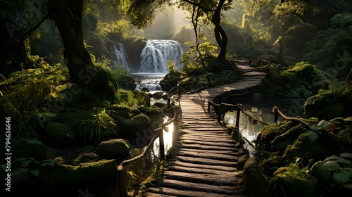 Scenic waterfall surrounded by dense tropical jungle. photo
