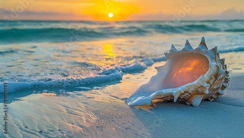 Beautiful beach with conch shell at sunset, white sand and blue water, warm colors