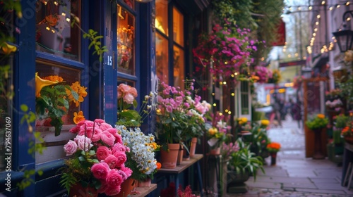 A picturesque scene of a florists shop the windows bursting with brilliant blossoms that seem to glow against the muted city street outside. . © Justlight