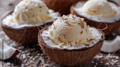 Coconut ice cream scoops in a coconut shell, with Coconut ice cream in the background.