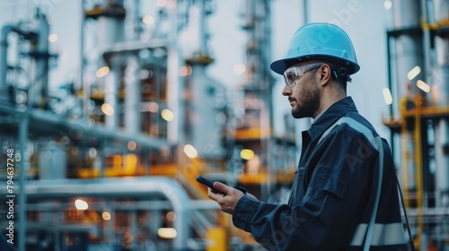 Chemical plant worker monitoring industrial processe