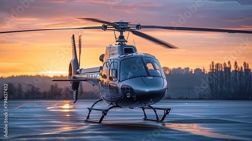 A business helicopter with a polished appearance and streamlined design. Luxurious aesthetic backdrop. Generative AI photo