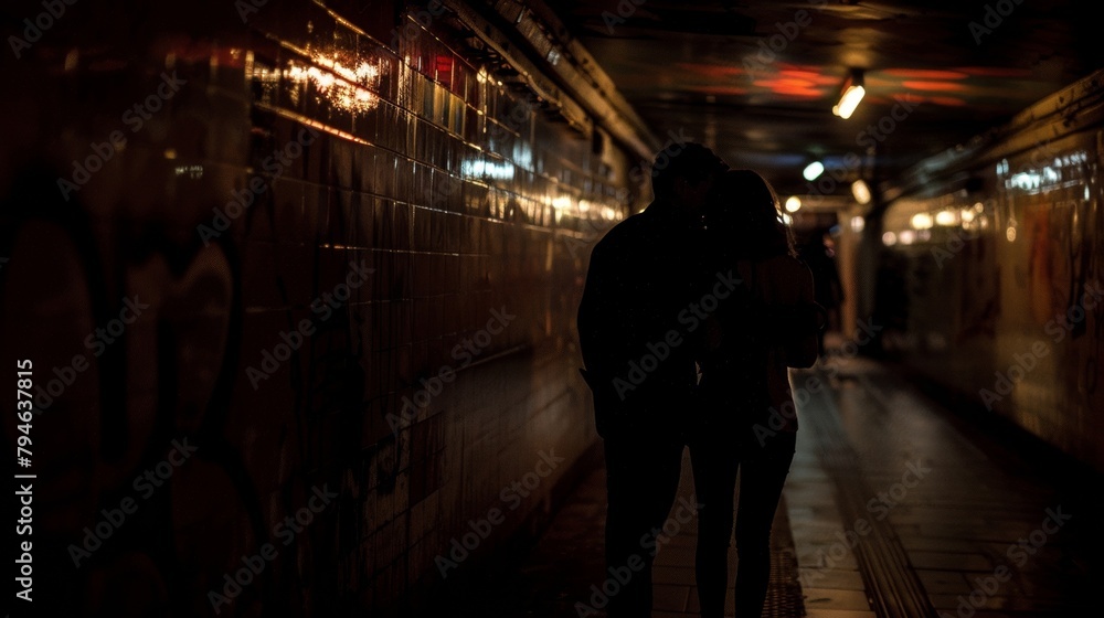 A couple embraces in the shadows backs turned to the camera as they share a private moment amidst the bustling atmosphere of . .