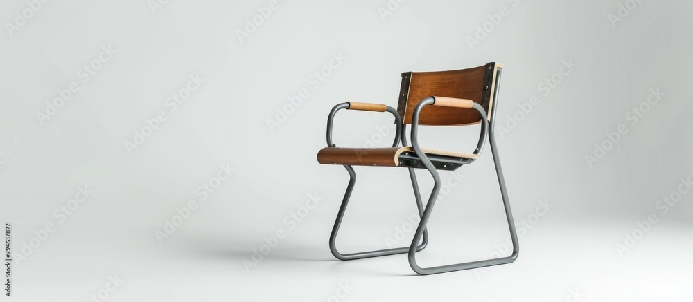 A sturdy chair showcasing a combination of a wooden seat and a sleek metal frame, offering a modern and industrial aesthetic A sturdy chair showcasing a combination of a wooden seat and a sleek metal frame, offering a modern and industrial aesthetic