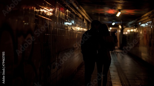 A couple embraces in the shadows backs turned to the camera as they share a private moment amidst the bustling atmosphere of . .