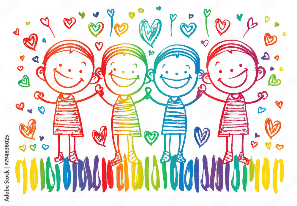 Cute stick figure illustration of four children holding hands, smiling and laughing together with rainbow colors on a white background.