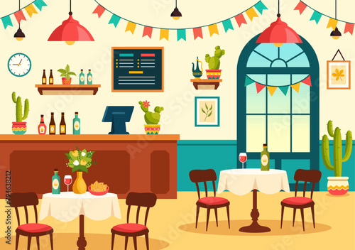 Mexican Food Restaurant Vector Illustration with Various of Delicious Traditional Cuisine Tacos, Nachos and Other on Flat Cartoon Background