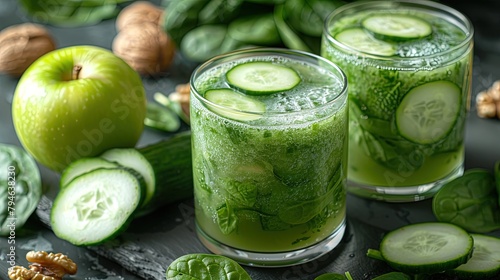 A refreshing smoothie of spinach, apples, cucumbers and walnuts against a clean white background. Generative AI