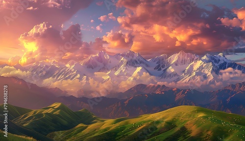 A breathtaking view of the Himalayas at sunrise, with snowcapped peaks and lush green hills under a vibrant sky in hues of pink and orange