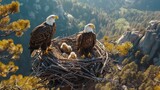 Pair Of Majestic Bald Eagles and Their Eaglets Sitting Their Nest Captured by Drone. The Tranquil Expanse Of A Forested Wetland. Biodiversity, Birdwatching, and Wildlife Themes. AI Generated