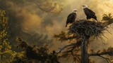 Majestic Eagles Perched On Nest Atop Pine In Misty Forest At Sunrise. Biodiversity and Birdwatching. Wildlife Banner with Copy space. AI Generated