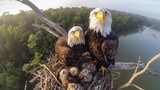 Pair Of Majestic Bald Eagles and Their Eaglets Sitting Their Nest. The Tranquil Expanse Of A Forested Wetland. Biodiversity, Birdwatching, and Wildlife Themes. AI Generated