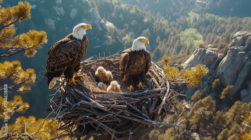 Pair Of Majestic Bald Eagles and Their Eaglets Sitting Their Nest Captured by Drone. The Tranquil Expanse Of A Forested Wetland. Biodiversity, Birdwatching, and Wildlife Themes. AI Generated photo
