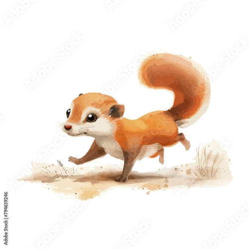 cute weasel cartoon running in watercolor painting style