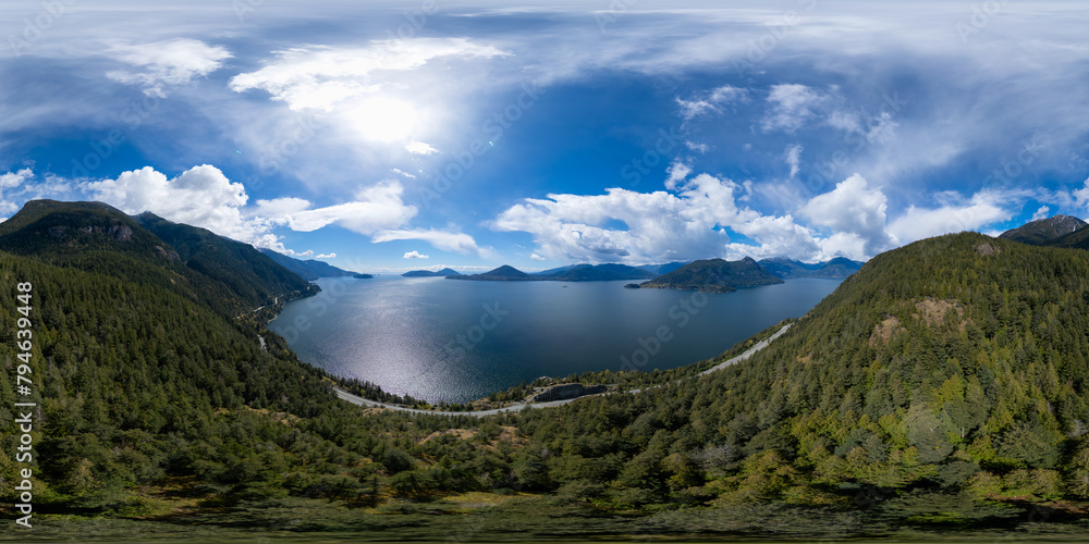 Obraz premium Sea to Sky in Howe Sound during Cloudy Sunny Day. 360 Panorama