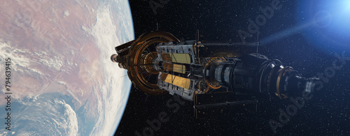 Space Station flying over the Earth atmosphere in Space. 3d Rendering © edb3_16