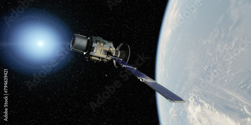 Satellite flying over the Earth atmosphere in Space. 3d Rendering