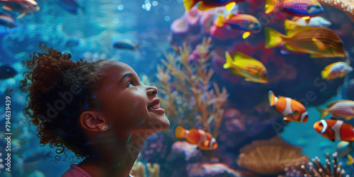 A young girl joyfully smiles while looking up at the vibrant fish swimming in an aquarium, capturing her awe and excitement