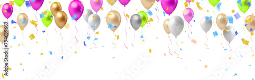 Celebration banner with balloons and confetti. Vector illustration.