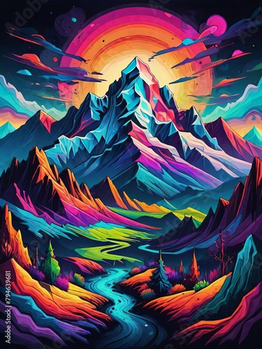 Creative illustration mountain with colorful triangles and chaotic geometric patterns against a beige background © saritwat