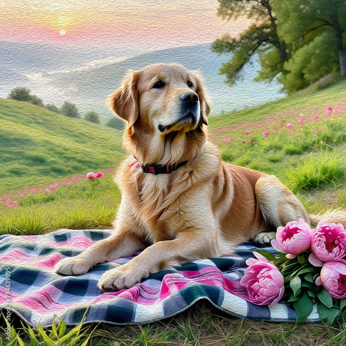 a golden retriever sits on a blanket in a field among flowers. 
