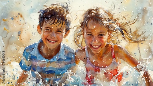 Watercolor happy laughing child: a portrait of youthful joy and innocence, captured in vibrant hues and delicate brushstrokes, evoking warmth and nostalgia. photo
