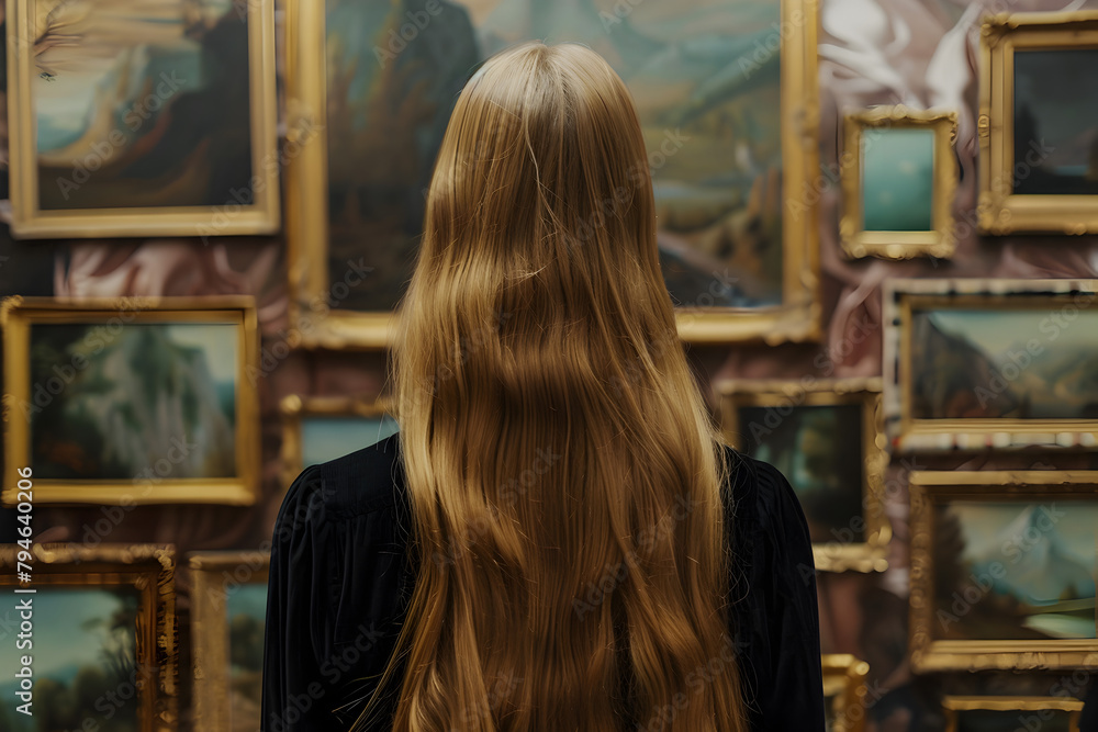a girl with long brown hair stands with her back to us in the gallery looking at paintings a girl with long brown hair stands with her back to us in the gallery looking at paintings