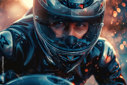 Motorcycle rider in helmet and racing at high speed © Rayhanbp