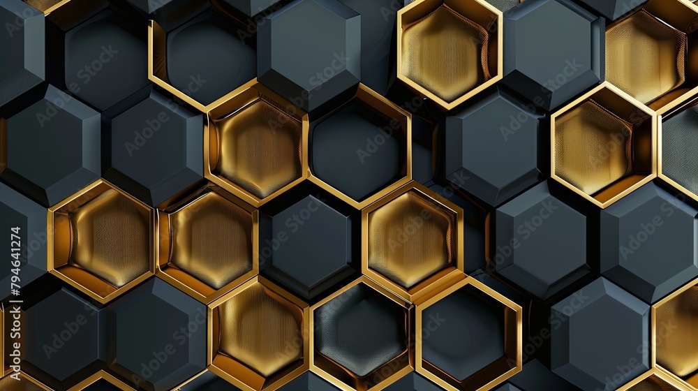 Luxurious Gold-Infused Hexagon Mosaic on a Sophisticated Black Luxurious Gold-Infused Hexagon Mosaic on a Sophisticated Black