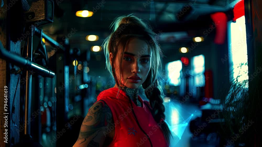 Close up image of attractive fit woman in gym. Fitness woman in gym. Background with flying patterns. Generative AI. Close up image of attractive fit woman in gym. Fitness woman in gym. Background with flying patterns. Generative AI.