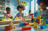 Children playing with blocks in kindergarten, in a children's playroom background. Children and a teacher together at a table using wooden toys during class in a nursery school