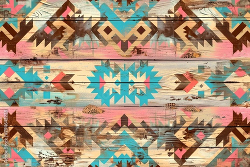 Colorful Tribal Pattern on Wooden Texture
