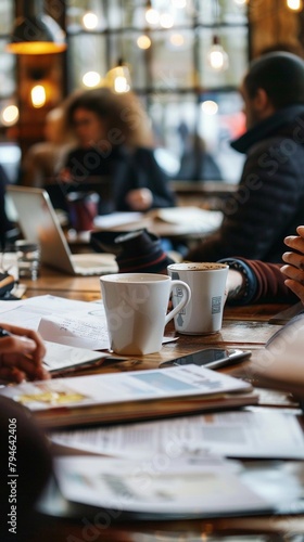 Coffee Shop Meeting, a diverse group of business professionals engaged in a conversation at a coffee shop table