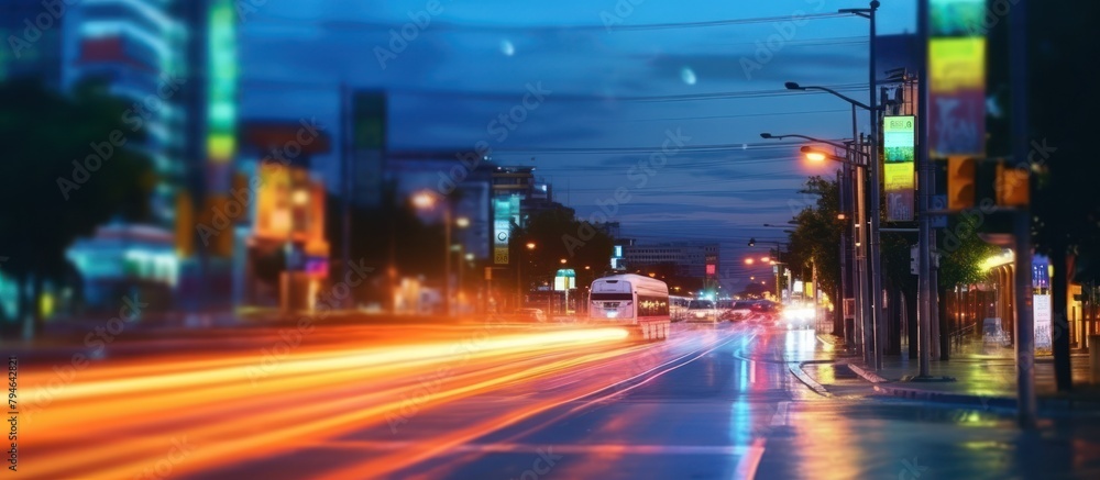 blurred background of bright lights of the district under twilight sky at night