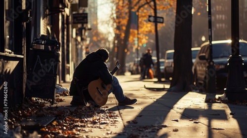 In the distance a street musician sits on the sidewalk serenading passersby with guitar. face is obscured by the shadows . . photo