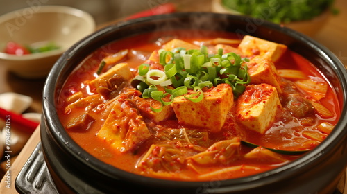 Korean food in an earthen pot, tofu and kimchi jjigae close-up. Generative AI photo