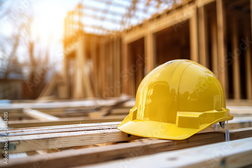 A close-up of a yellow hard hat placed on wooden construction materials at a house-building construction site. Generative AI