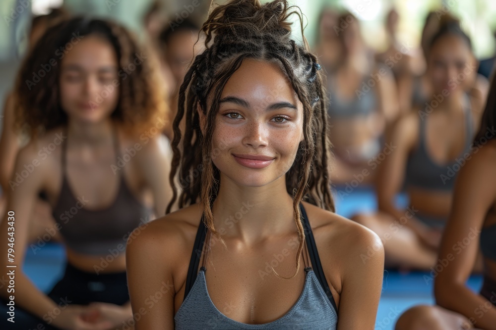 A smiling group of women in activewear beams after a yoga class in a modern gym, embodying an active and joyful lifestyle. A smiling group of women in activewear beams after a yoga class in a modern gym, embodying an active and joyful lifestyle.