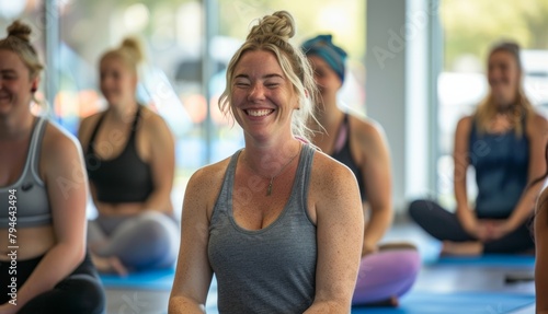 A smiling group of women in activewear beams after a yoga class in a modern gym, embodying an active and joyful lifestyle.