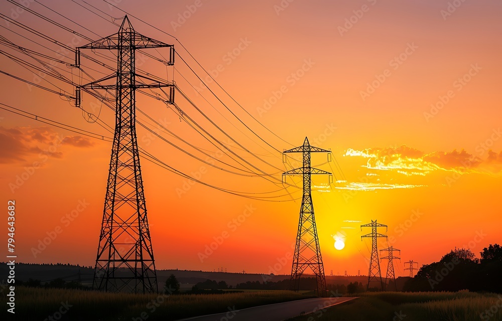 An electric power line with high-voltage towers against the backdrop of sunset