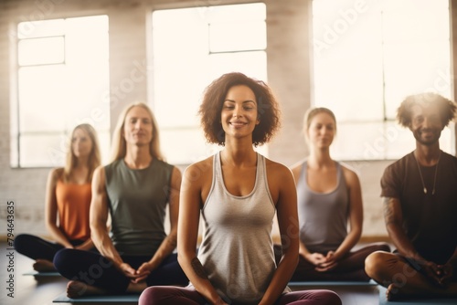 A smiling group of women in activewear beams after a yoga class in a modern gym, embodying an active and joyful lifestyle.