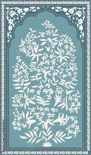Indian floral ornament. Mughal floral traditional ornament with arch and motif borders. Floral Wall Art Wall Frame illustrations.
